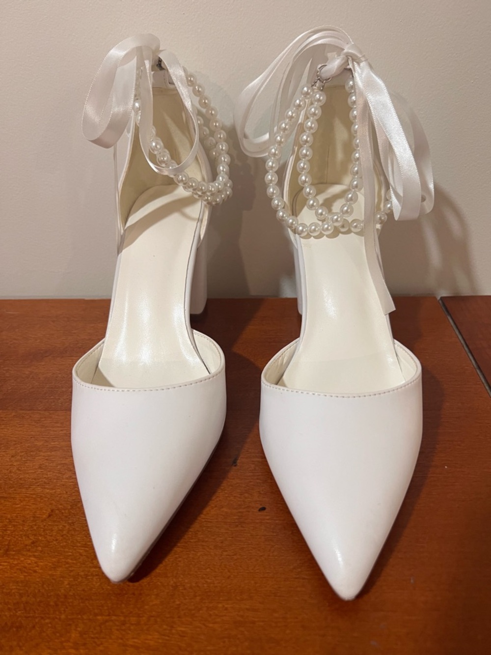 Elegant White Pointed Toe Pearl Ankle Tie Heels